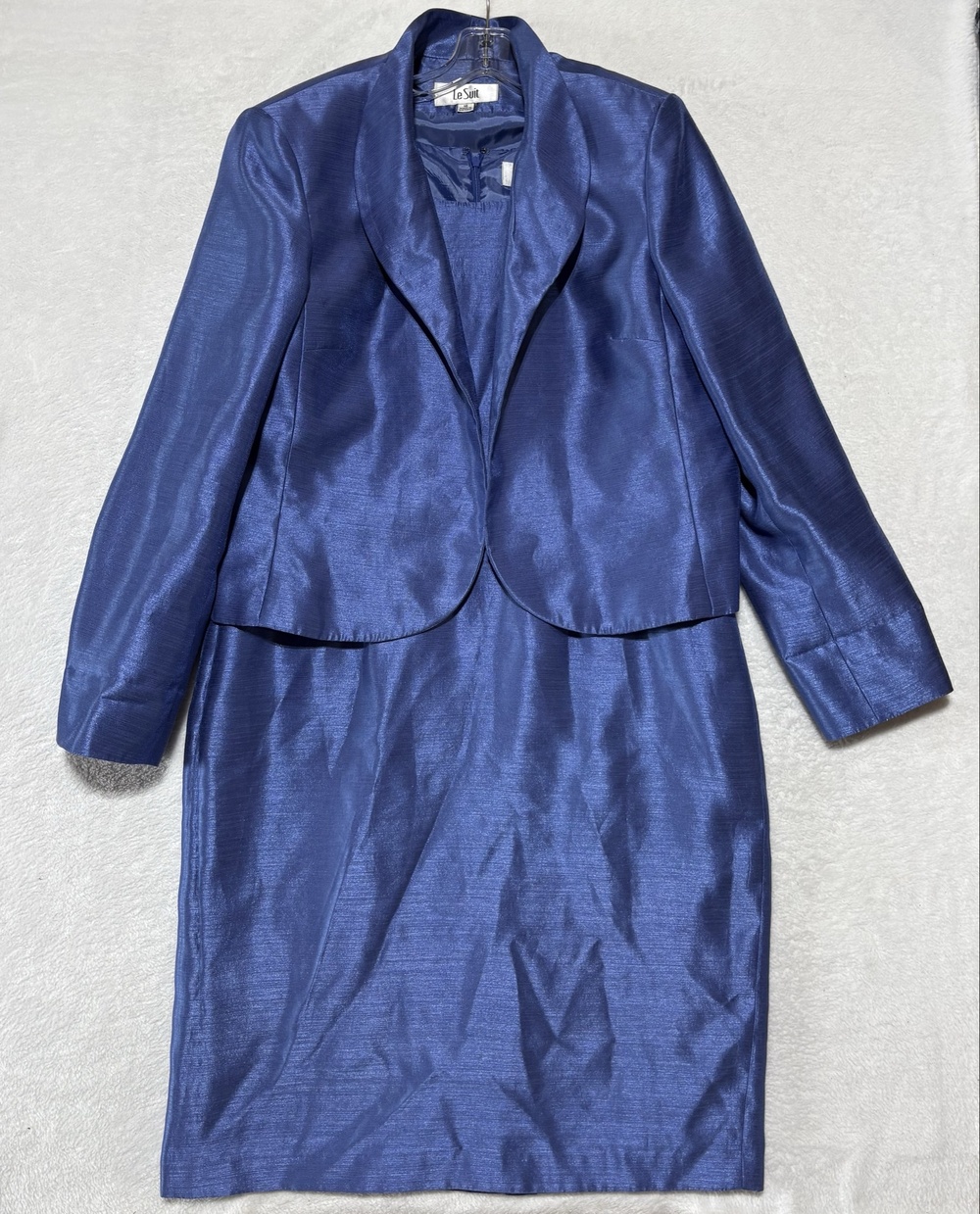 Le Suit Dress Suit Set Womens 14 Blue Taffeta Jacket Shawl Collar Formal Wedding